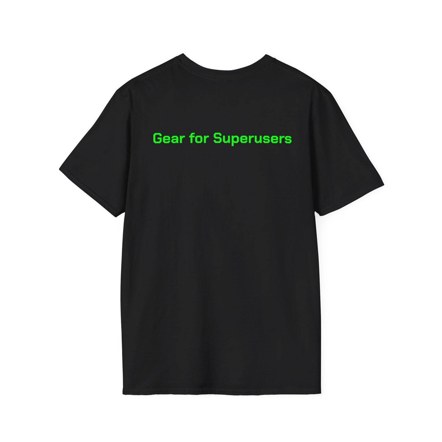 Black/White Terminal Tee – RootWear Front, “Gear for Superusers” Back – Tech-Inspired Unisex Shirt