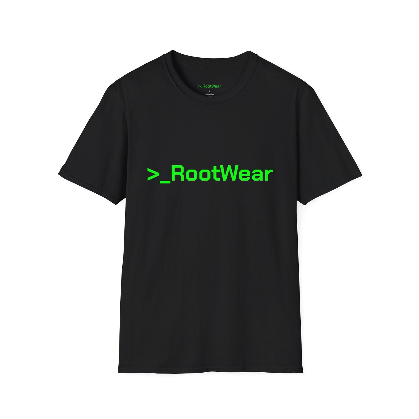 Black/White Terminal Tee – RootWear Front, “Gear for Superusers” Back – Tech-Inspired Unisex Shirt