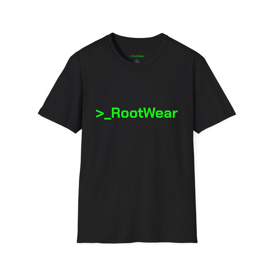 Black/White Terminal Tee – RootWear Front, “Gear for Superusers” Back – Tech-Inspired Unisex Shirt